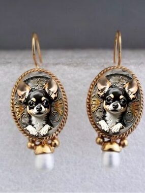 Gold Chihuahua Dog Pendant Earrings - Black & White